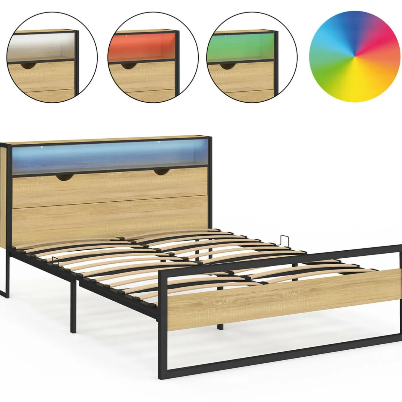 IDMarket Lit double LED intégrés dans la tête de lit et sommier 140x190 cm effet bois et métal noir style industriel* Chambre Complète Adulte|Lits Avec Sommier