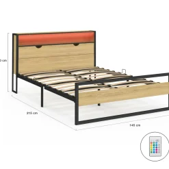IDMarket Lit double LED intégrés dans la tête de lit et sommier 140x190 cm effet bois et métal noir style industriel* Chambre Complète Adulte|Lits Avec Sommier