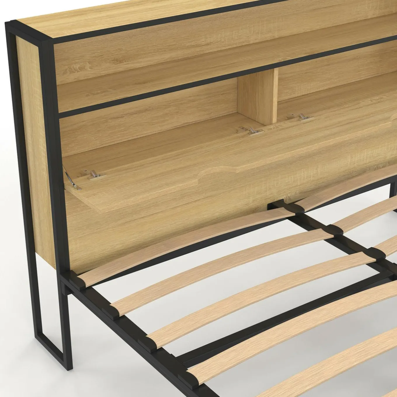 IDMarket Lit double LED intégrés dans la tête de lit et sommier 140x190 cm effet bois et métal noir style industriel* Chambre Complète Adulte|Lits Avec Sommier