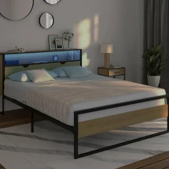 IDMarket Lit double LED intégrés dans la tête de lit et sommier 140x190 cm effet bois et métal noir style industriel* Chambre Complète Adulte|Lits Avec Sommier