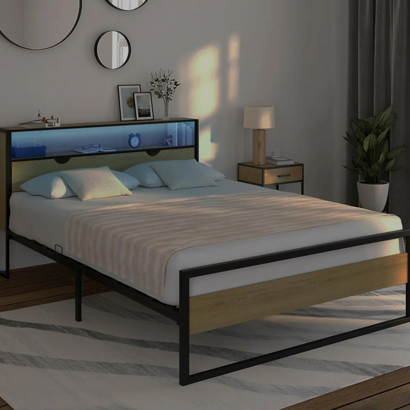 IDMarket Lit double LED intégrés dans la tête de lit et sommier 140x190 cm effet bois et métal noir style industriel* Chambre Complète Adulte|Lits Avec Sommier