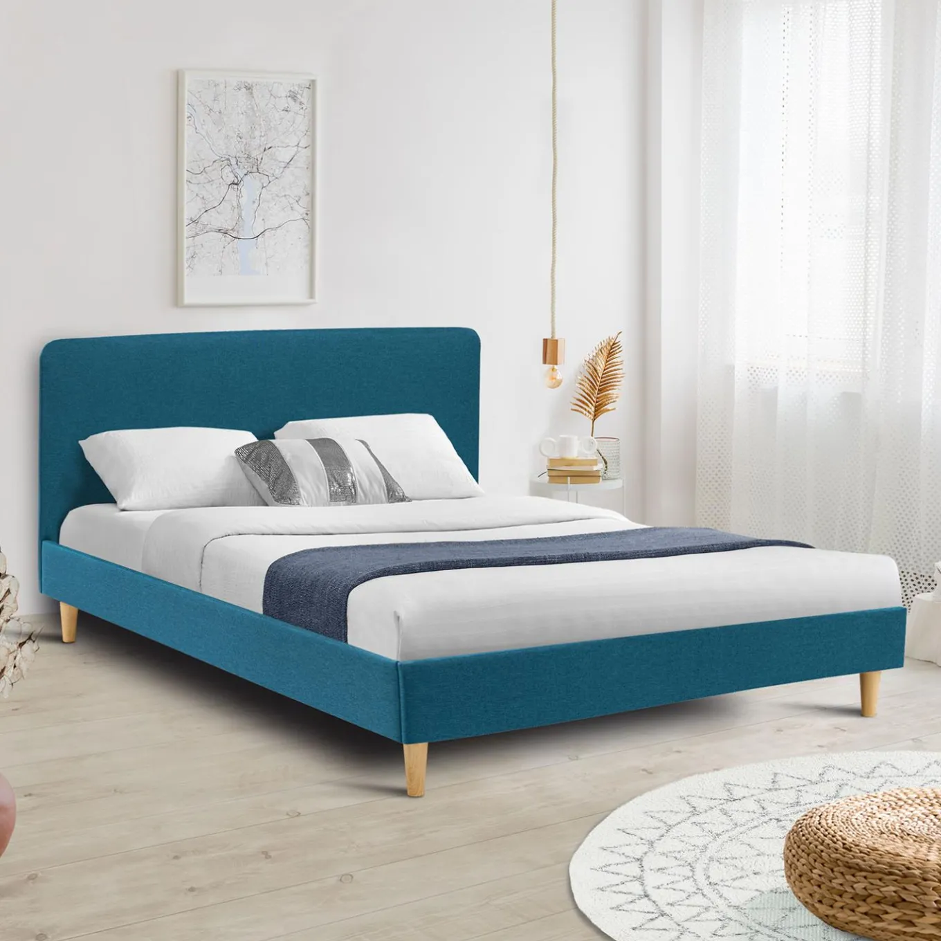 IDMarket Lit double scandinave bleu canard* Collection Scandinave|Chambre Complète Adulte