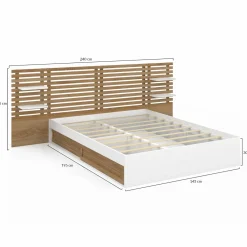 IDMarket Lit double 140x190 blanc et hêtre avec rangement, tête de lit et chevets* Collection Contemporaine|Lits Avec Sommier