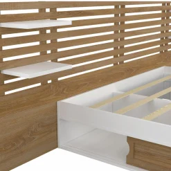 IDMarket Lit double 140x190 blanc et hêtre avec rangement, tête de lit et chevets* Collection Contemporaine|Lits Avec Sommier