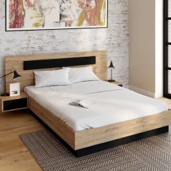 IDMarket Lit double 140x190 cm tête de lit sommier avec chevets suspendus bois et noir* Collection Moderne|Chambre Complète Adulte