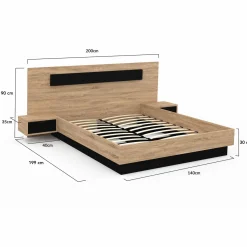 IDMarket Lit double 140x190 cm tête de lit sommier avec chevets suspendus bois et noir* Collection Moderne|Chambre Complète Adulte