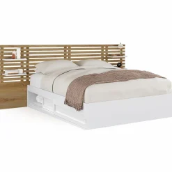 IDMarket Lit double 140x190 hêtre et blanc avec tête de lit et chevets* Lits Avec Sommier