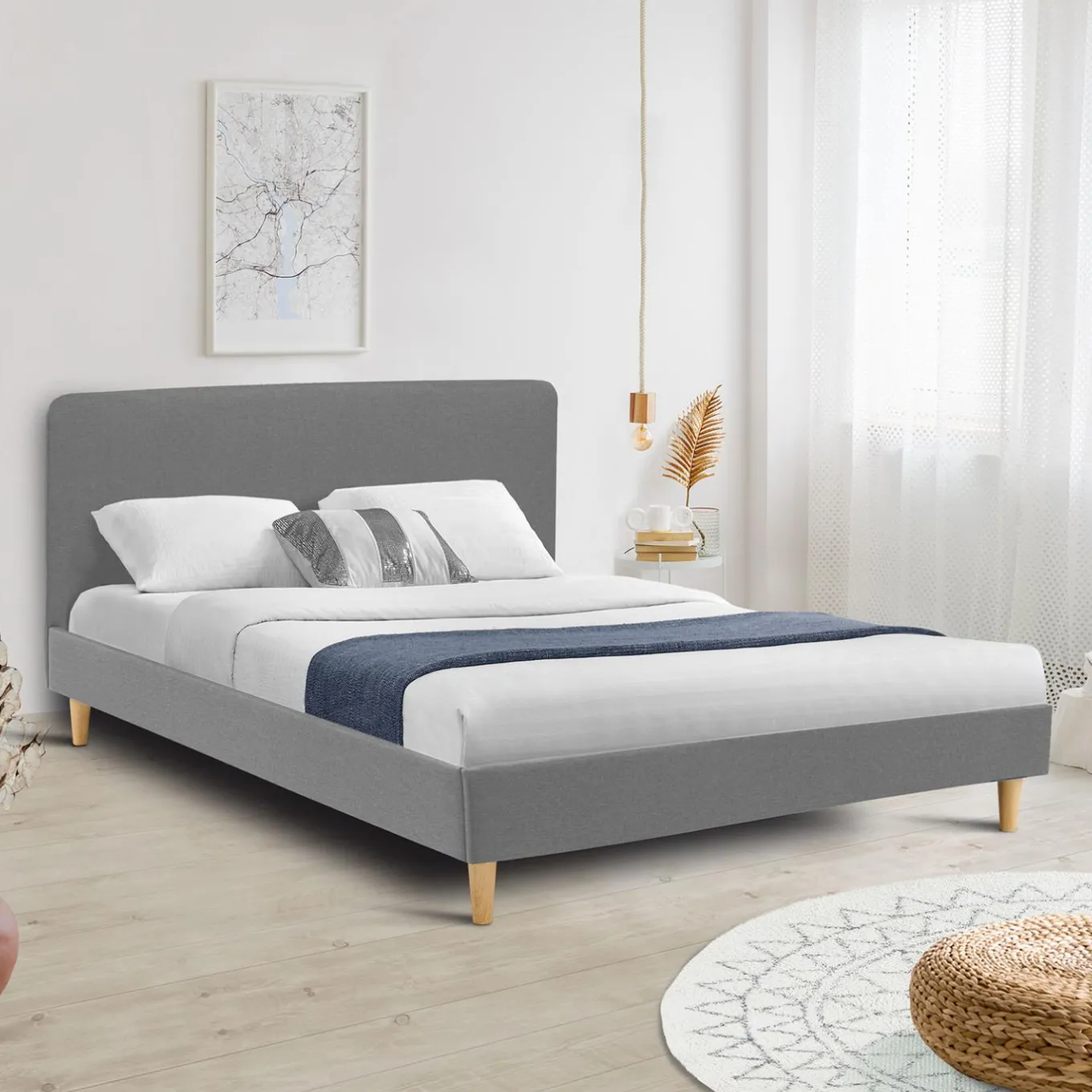 IDMarket Lit nordique gris clair 2 places* Collection Scandinave|Chambre Complète Adulte