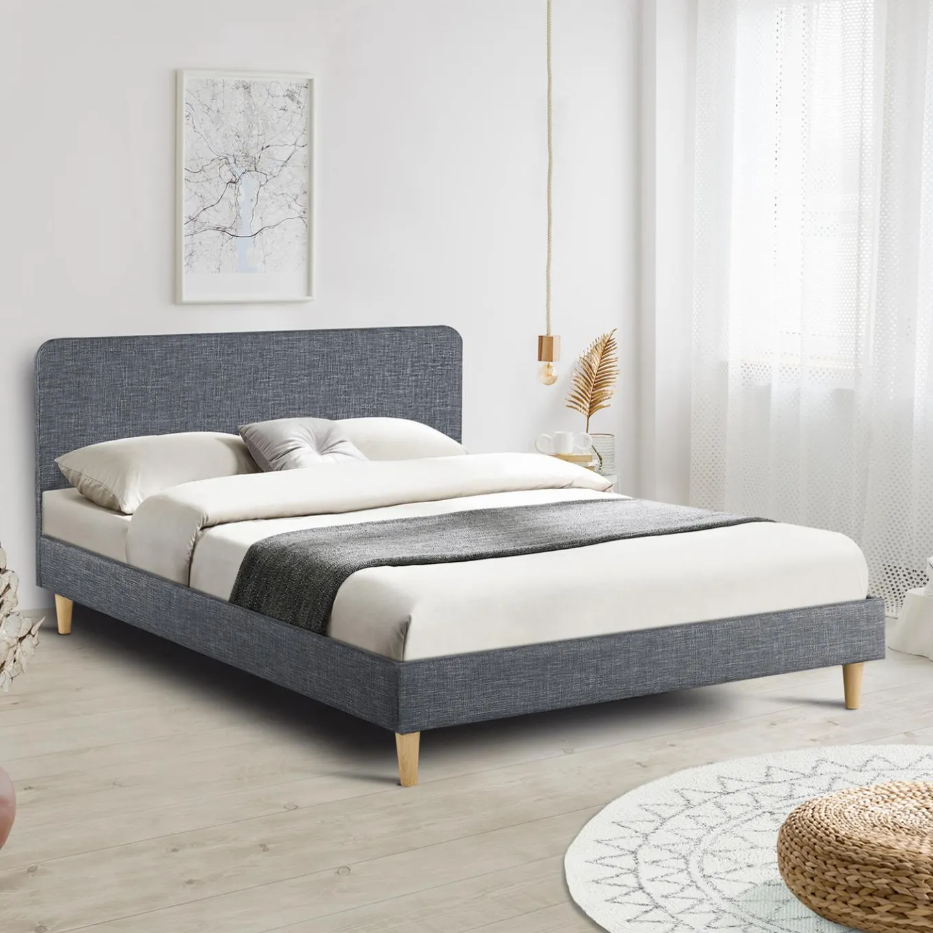 IDMarket Lit scandinave gris 2 places 160x200 cm* Collection Scandinave|Chambre Complète Adulte