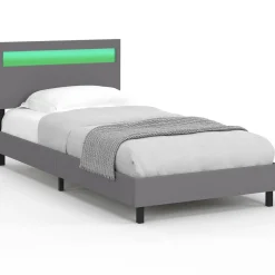 IDMarket Lit simple 90 x 190 cm avec tête de lit LED intégrées et sommier PVC gris* Lits Avec Sommier|Chambre Complète Adulte
