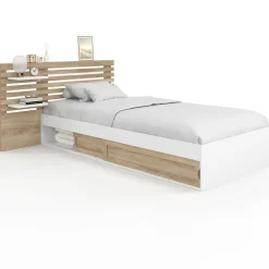 IDMarket Lit simple avec tête de lit, chevets, rangements et sommier 90 x 190 cm façon hêtre et blanc* Meubles Blancs|Meubles En Bois