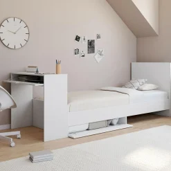 IDMarket Lit simple blanc 90 x 190 cm avec rangements, sommier, tête de lit et bureau* Meubles Blancs|Collection Contemporaine