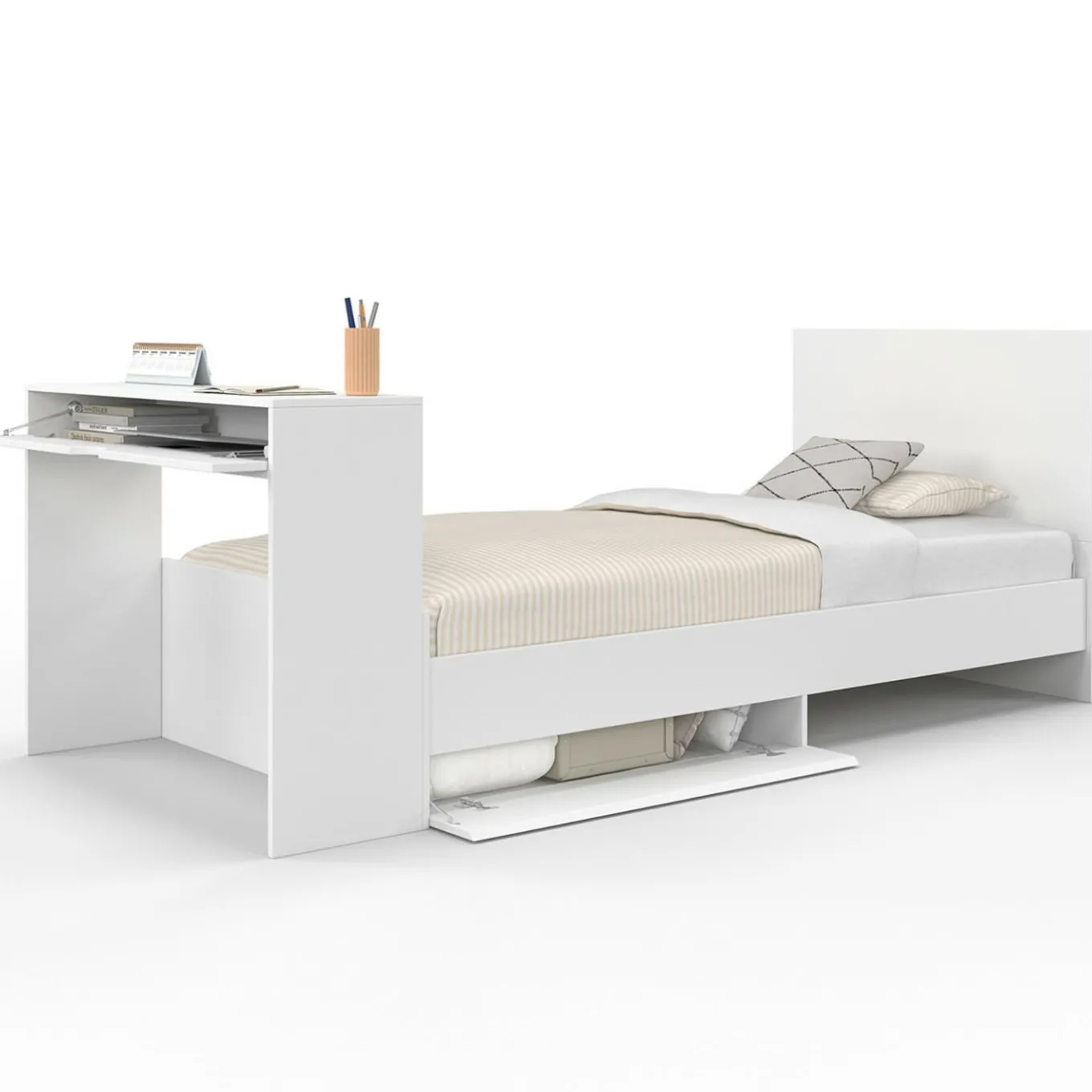 IDMarket Lit simple blanc 90 x 190 cm avec rangements, sommier, tête de lit et bureau* Meubles Blancs|Collection Contemporaine