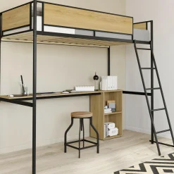IDMarket Lit simple mezzanine 90x190cm avec bureau et rangements style industriel* Chambre Complète Adulte|Lits Avec Sommier