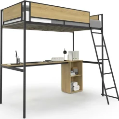 IDMarket Lit simple mezzanine 90x190cm avec bureau et rangements style industriel* Chambre Complète Adulte|Lits Avec Sommier