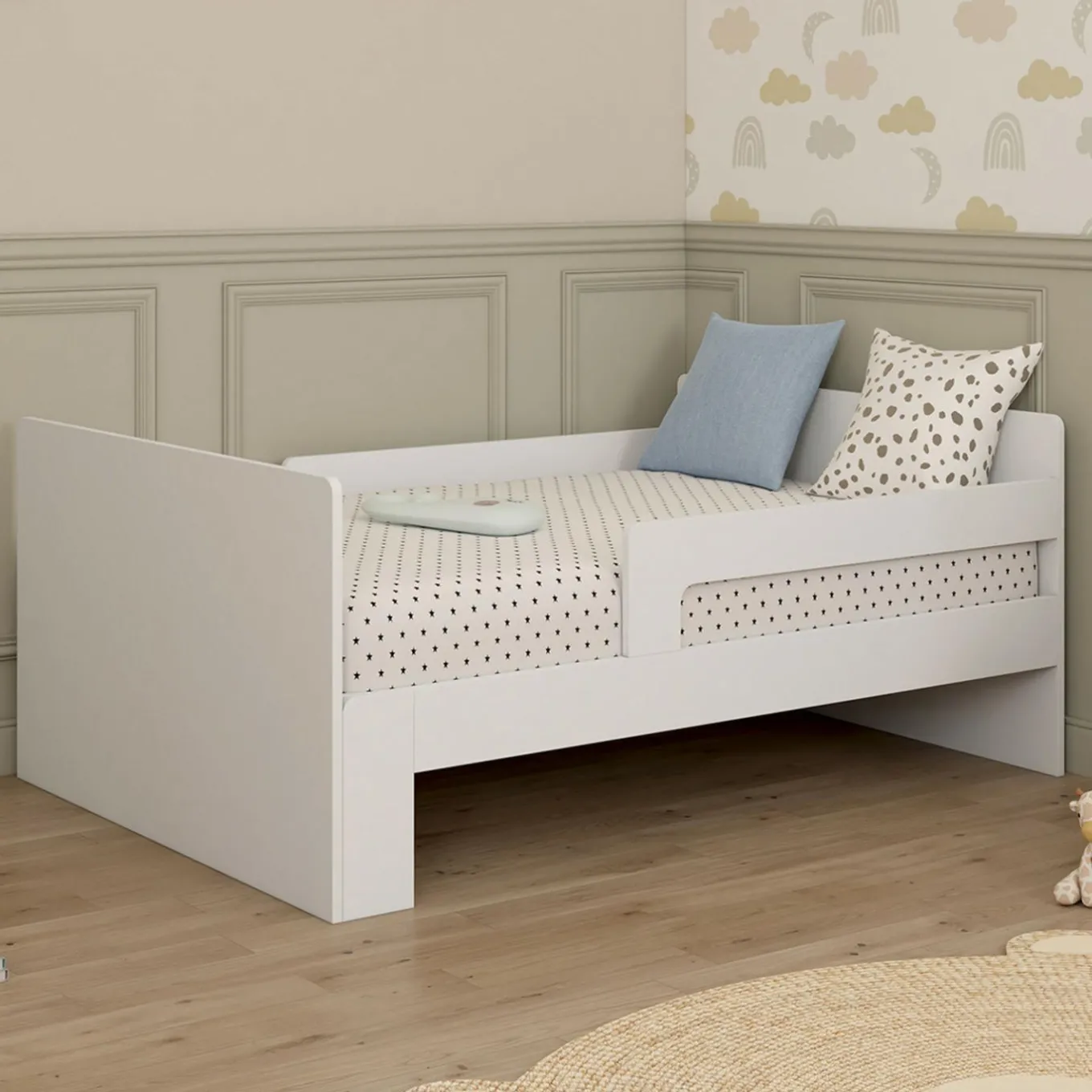 IDMarket Lit simple évolutif 90 x 140/190 cm avec sommier et barrières bois blanc*Enfant Lits Enfant