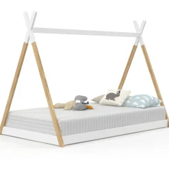 IDMarket Lit tipi enfant sommier bois et blanc*Enfant Lits Enfant|Lits Avec Sommier