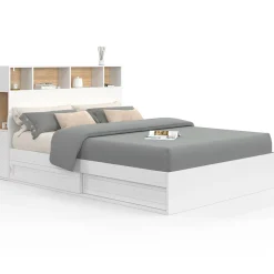 IDMarket Lit 140x190 avec rangements blanc et hêtre et tête de lit* Collection Contemporaine|Lits Avec Sommier