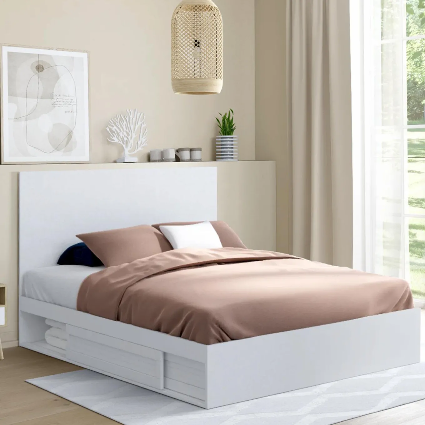 IDMarket Lit 140x190 cm blanc avec rangements, tête de lit et sommier* Collection Contemporaine|Lits Avec Sommier