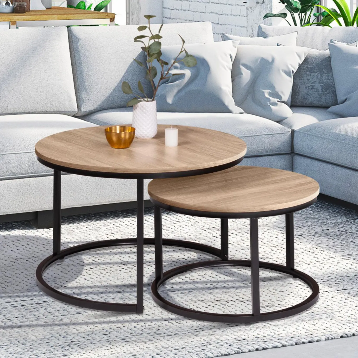 IDMarket Lot 2 tables basses gigognes rondes bois métal industrielles* Meubles Bas|Collection Industrielle