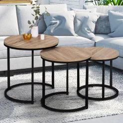 IDMarket Lot 3 tables basses gigognes rondes bois métal industrielles 35/40/45 cm* Collection Industrielle|Salon Complet