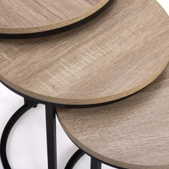 IDMarket Lot 3 tables basses gigognes rondes bois métal industrielles 35/40/45 cm* Collection Industrielle|Salon Complet