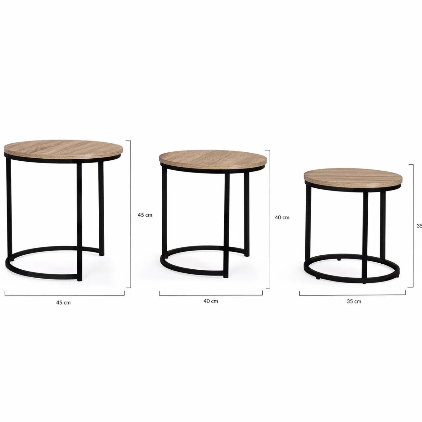 IDMarket Lot 3 tables basses gigognes rondes bois métal industrielles 35/40/45 cm* Collection Industrielle|Salon Complet