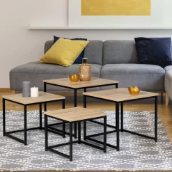 IDMarket Lot 4 tables basses gigognes bois métal industrielles 35/40/45/50 cm* Collection Industrielle|Salon Complet