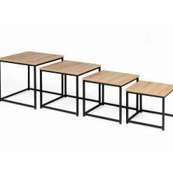 IDMarket Lot 4 tables basses gigognes bois métal industrielles 35/40/45/50 cm* Collection Industrielle|Salon Complet