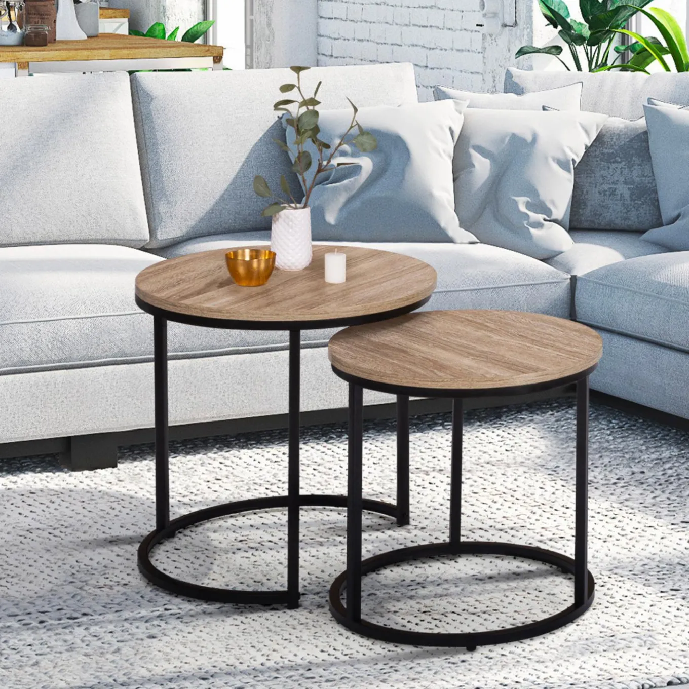 IDMarket Lot 2 tables basses gigognes rondes bois métal industrielles 40/45 cm* Collection Industrielle|Salon Complet