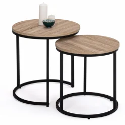 IDMarket Lot 2 tables basses gigognes rondes bois métal industrielles 40/45 cm* Collection Industrielle|Salon Complet