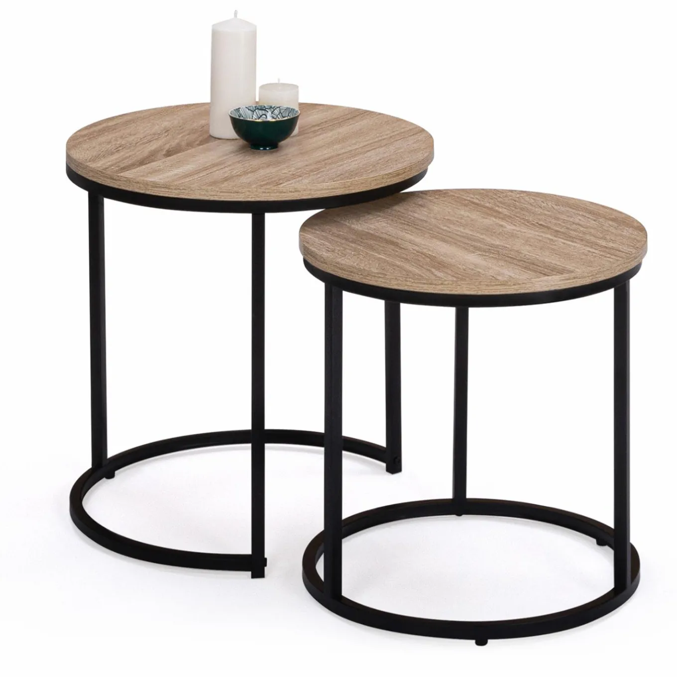 IDMarket Lot 2 tables basses gigognes rondes bois métal industrielles 40/45 cm* Collection Industrielle|Salon Complet