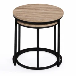 IDMarket Lot 2 tables basses gigognes rondes bois métal industrielles 40/45 cm* Collection Industrielle|Salon Complet