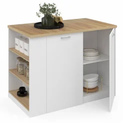 IDMarket Îlot central blanc et bois avec plan de travail façon hêtre* Meubles Hauts|Meubles Blancs