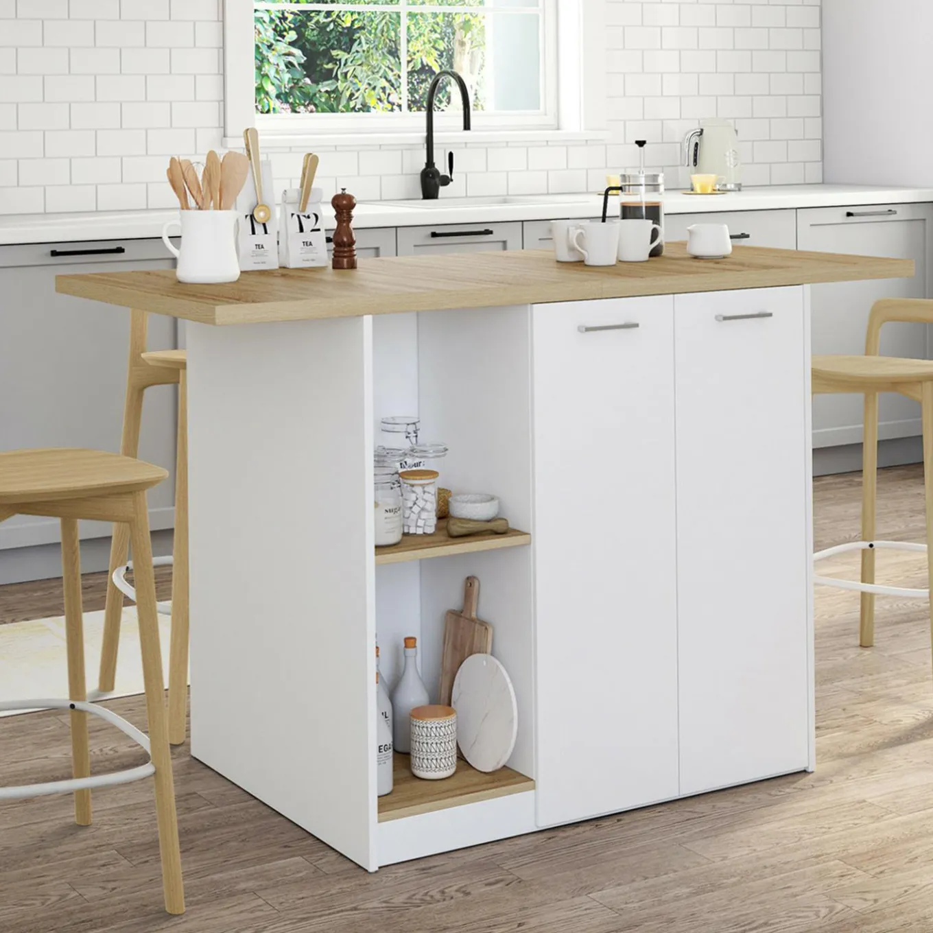 IDMarket Îlot central bois blanc avec plan de travail façon hêtre 140 cm 4 personnes avec rangement* Meubles Hauts|Meubles En Bois
