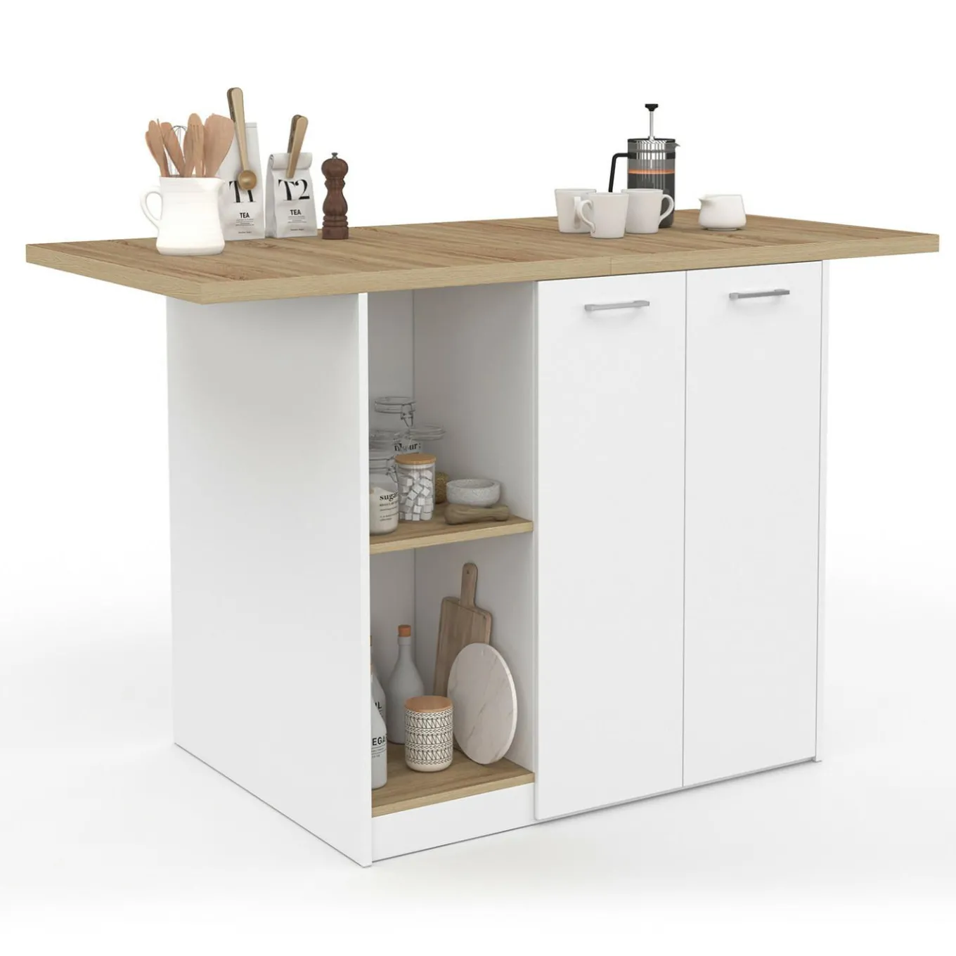 IDMarket Îlot central bois blanc avec plan de travail façon hêtre 140 cm 4 personnes avec rangement* Meubles Hauts|Meubles En Bois