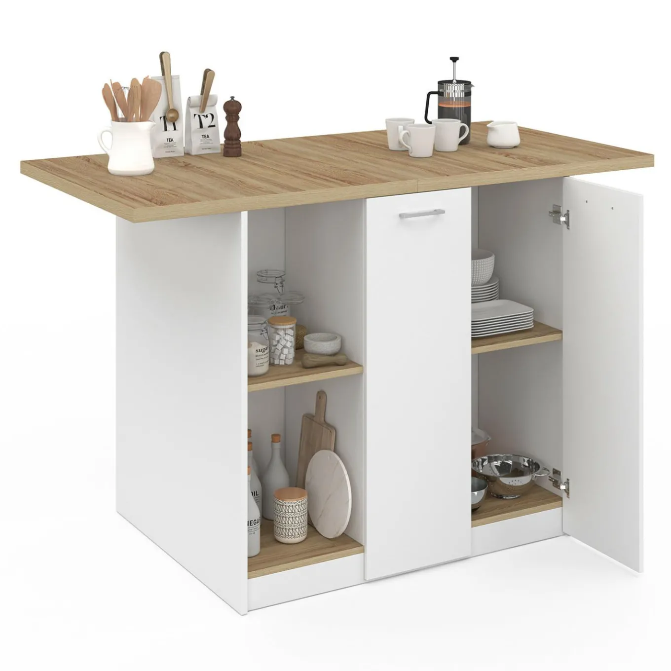 IDMarket Îlot central bois blanc avec plan de travail façon hêtre 140 cm 4 personnes avec rangement* Meubles Hauts|Meubles En Bois