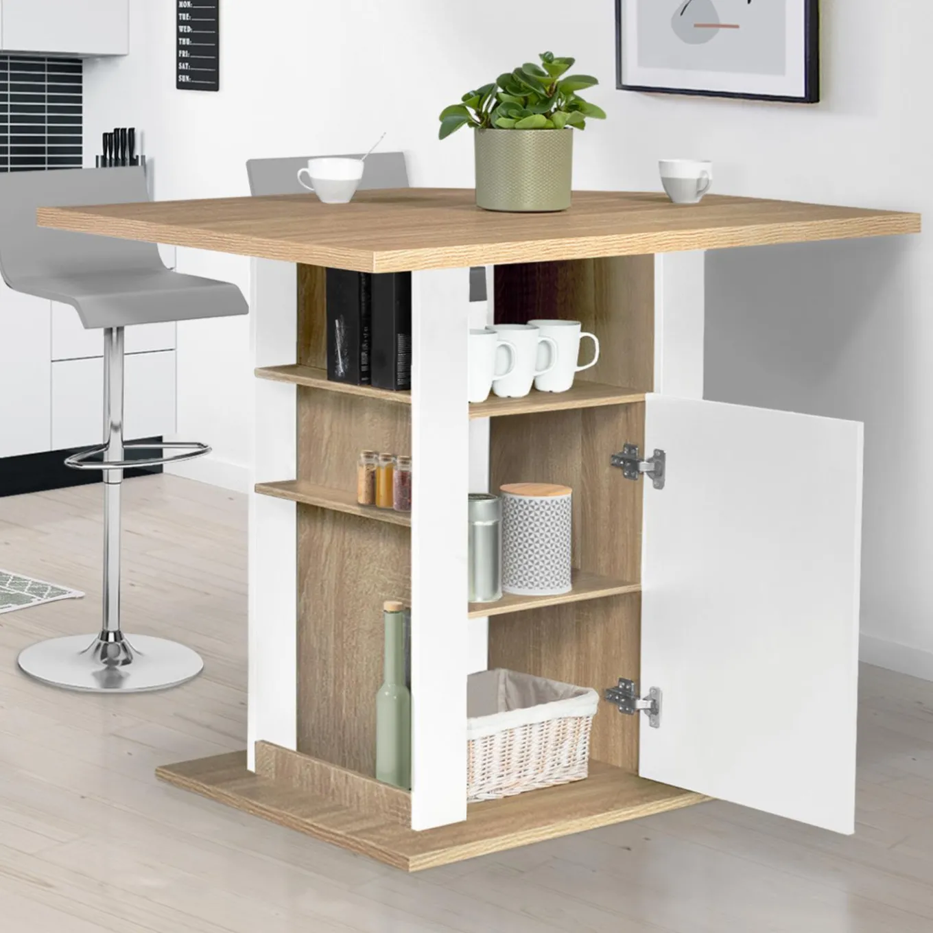 IDMarket Îlot central bois blanc et imitation hêtre 110 cm* Meubles Hauts|Collection Design