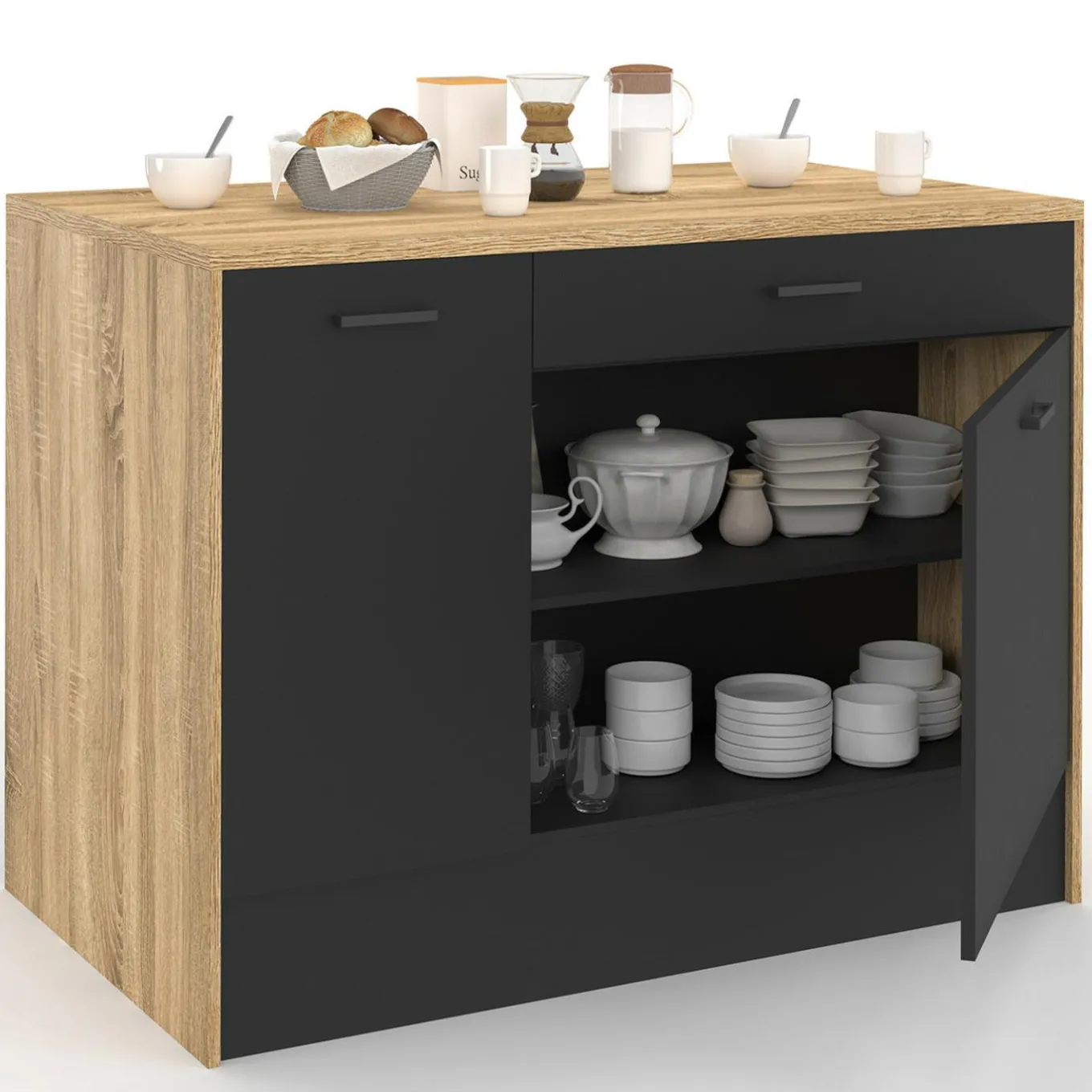 IDMarket Îlot central bois et noir avec une grande capacité de rangement* Meubles Hauts|Meubles En Bois