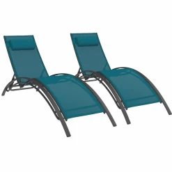 IDMarket Lot de 2 bains de soleil inclinables avec coussin acier gris et toile bleu canard* Bains De Soleil|Fauteuils De Jardin