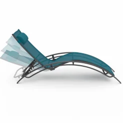 IDMarket Lot de 2 bains de soleil inclinables avec coussin acier gris et toile bleu canard* Bains De Soleil|Fauteuils De Jardin