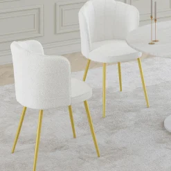 IDMarket Lot de 2 chaises bouclette blanche, dossier coquillage, pieds dorés* Chaises|Salle À Manger Complète
