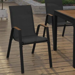 IDMarket Lot de 6 chaises de jardin métal et textilène noir et bois* Salons De Jardin