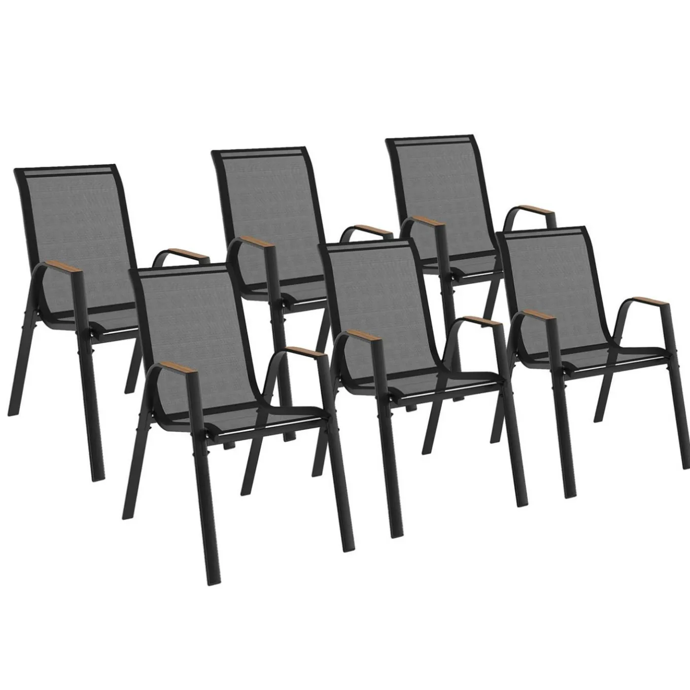 IDMarket Lot de 6 chaises de jardin métal et textilène noir et bois* Salons De Jardin