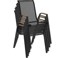 IDMarket Lot de 6 chaises de jardin métal et textilène noir et bois* Salons De Jardin