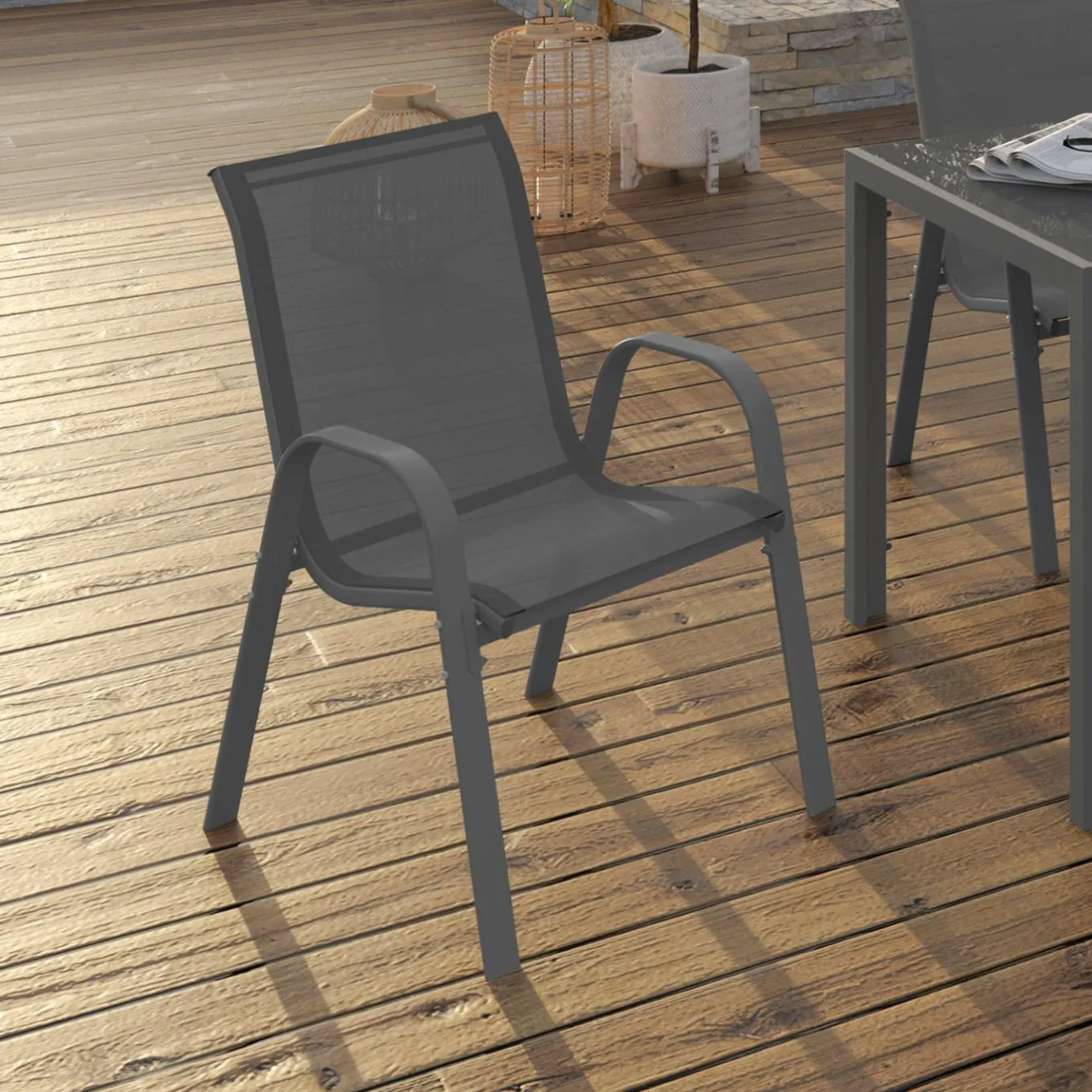 IDMarket Lot de 4 chaises de jardin empilables en métal gris anthracite et textilène* Salons De Jardin