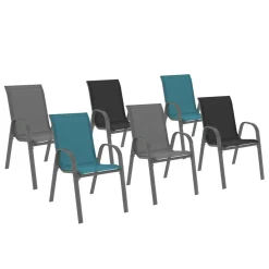 IDMarket Lot de 6 chaises de jardin empilables en métal gris, noir et bleu et textilène* Salons De Jardin