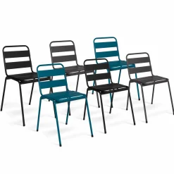 IDMarket Lot de 6 chaises de jardin empilables en acier gris anthracite, noir et bleu* Salons De Jardin