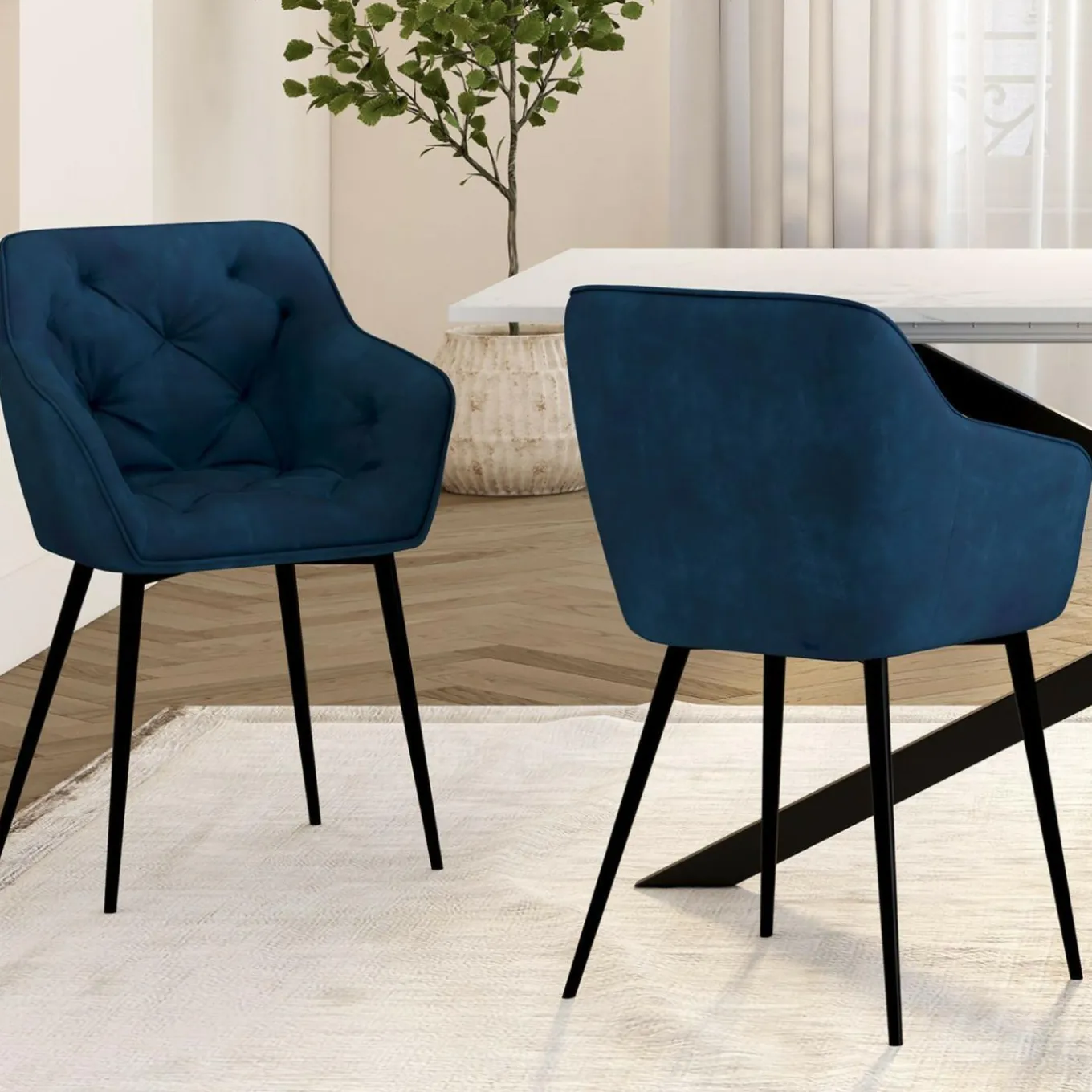IDMarket Lot de 2 chaises de salle à manger, fauteuils de table capitonnés LYA velours bleu canard* Chaises