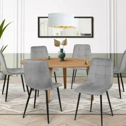 IDMarket Lot de 6 chaises en velours gris clair matelassé* Collection Vintage|Collection Moderne